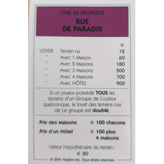 Carte propriété Monopoly | Pièce Manquante
